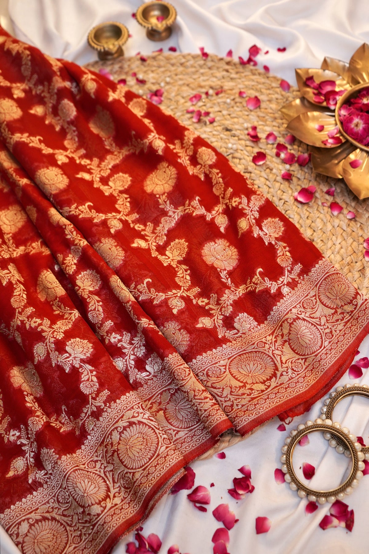 Scarlet Red Banarasi Georgette Silk Saree