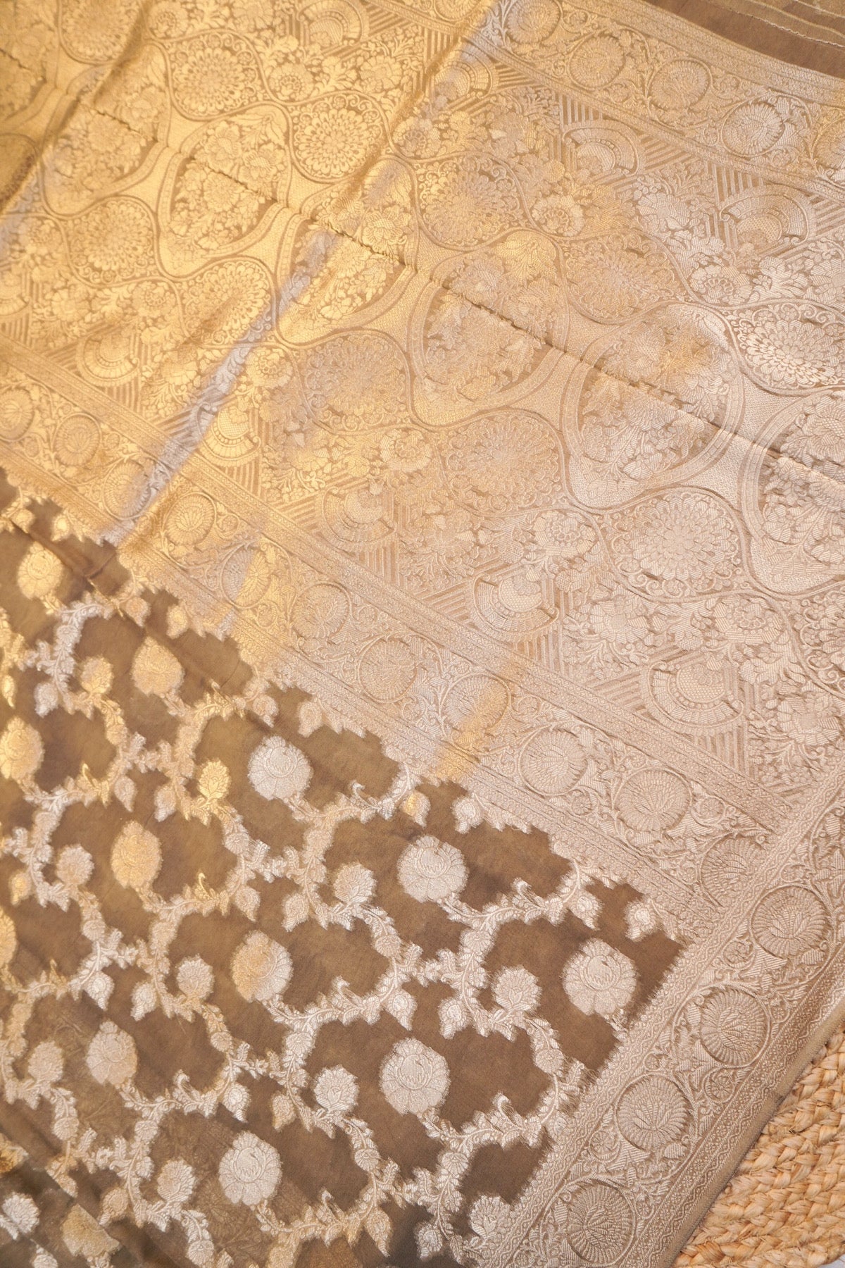 Gold Tan Banarasi Georgette Silk Saree