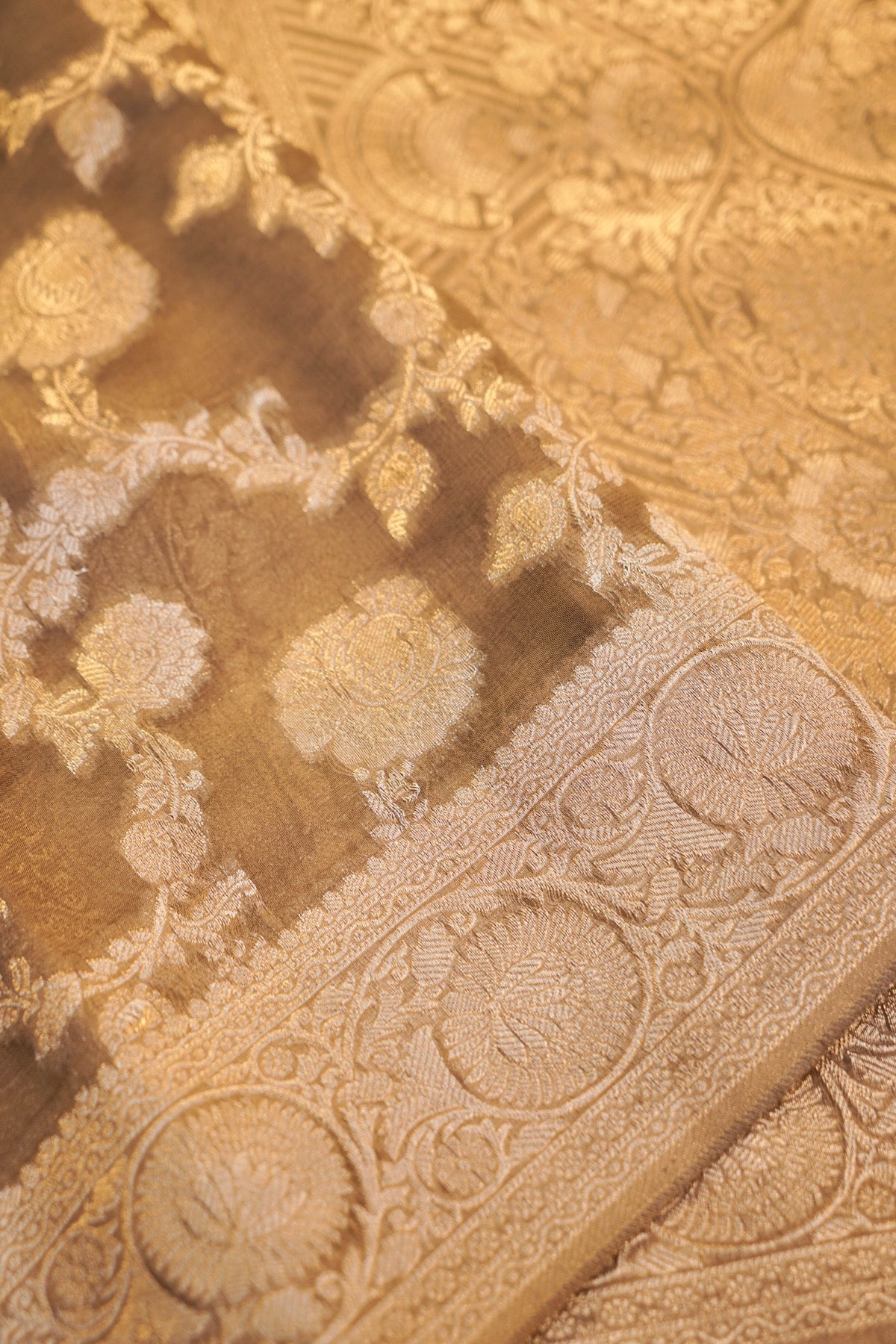 Gold Tan Banarasi Georgette Silk Saree