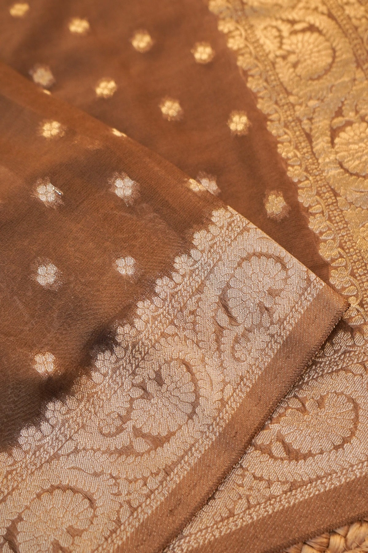 Gold Tan Banarasi Georgette Silk Saree