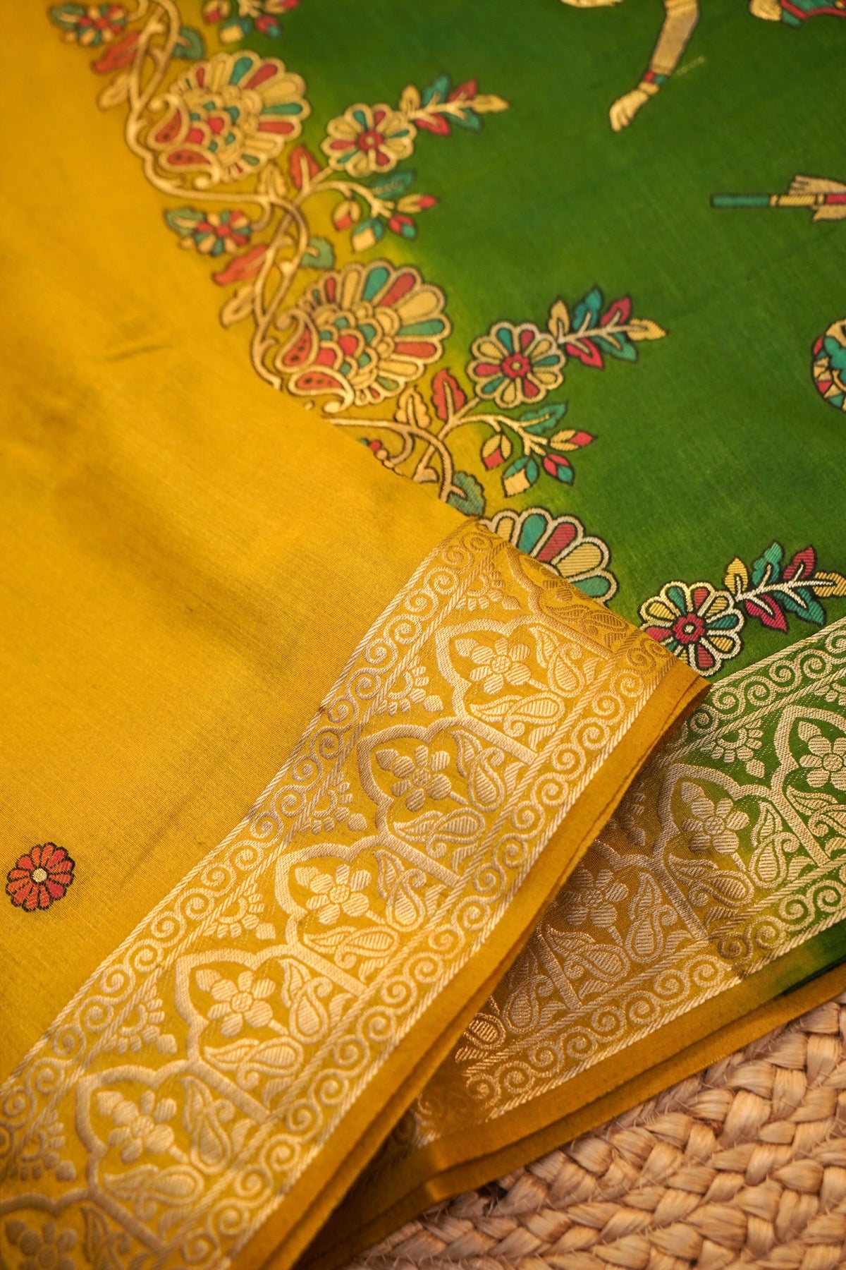 Mehendi Yellow Banarasi Soft Tussar Silk Saree