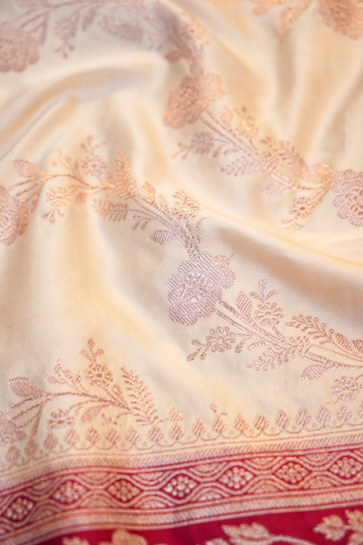 Off White Rani Pink Banarasi Mashru Silk Saree
