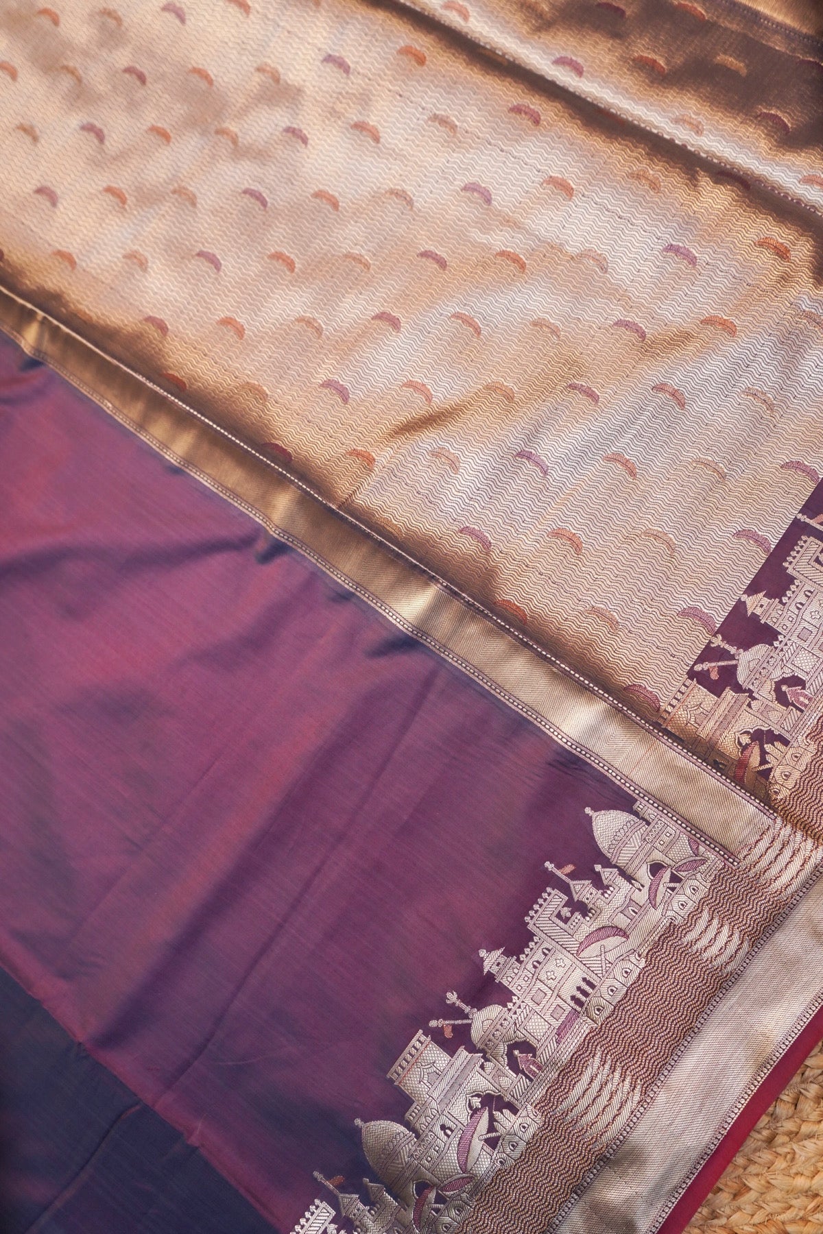 Berry Wine Banarasi Kashi Ghat Soft Silk Saree