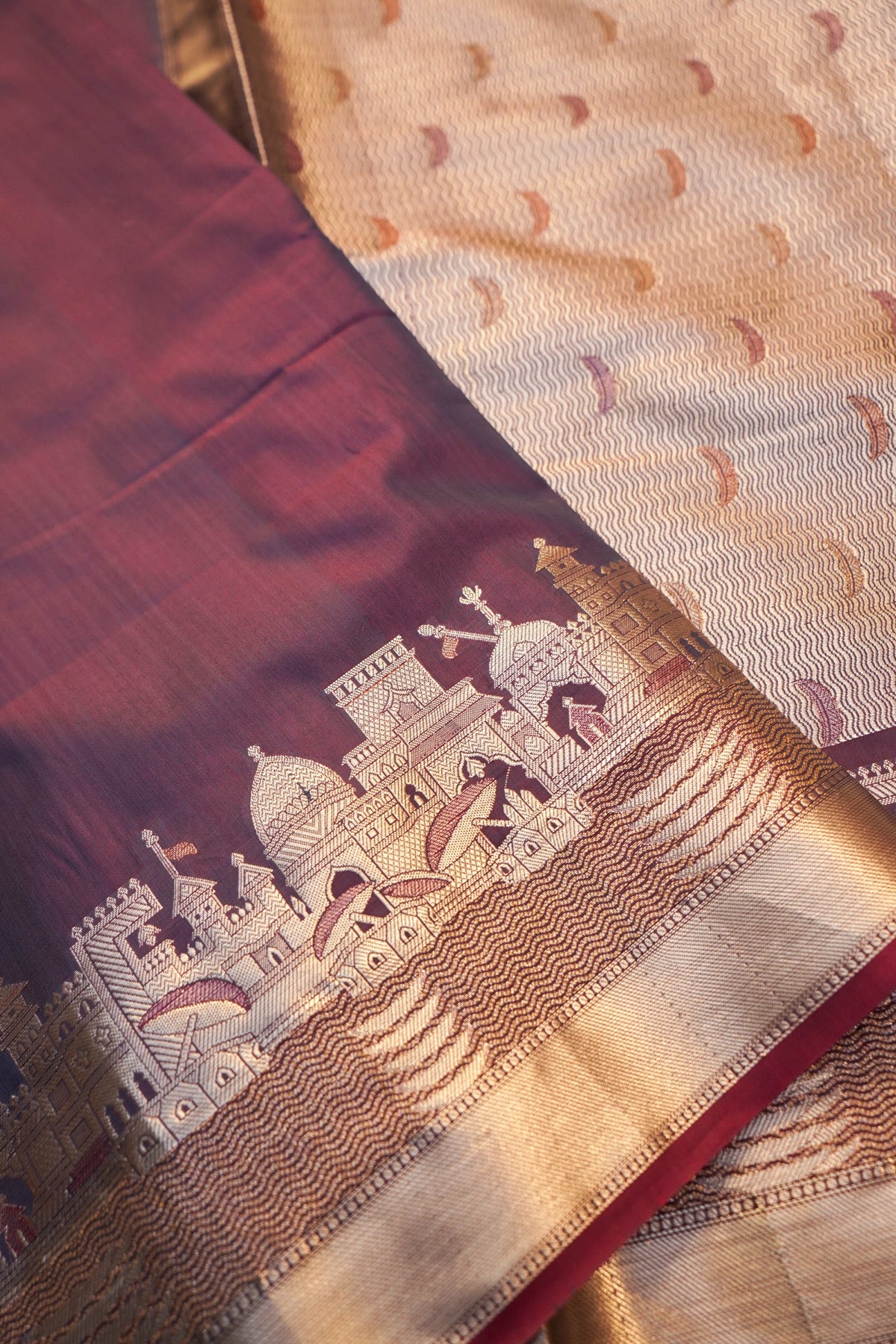 Berry Wine Banarasi Kashi Ghat Soft Silk Saree