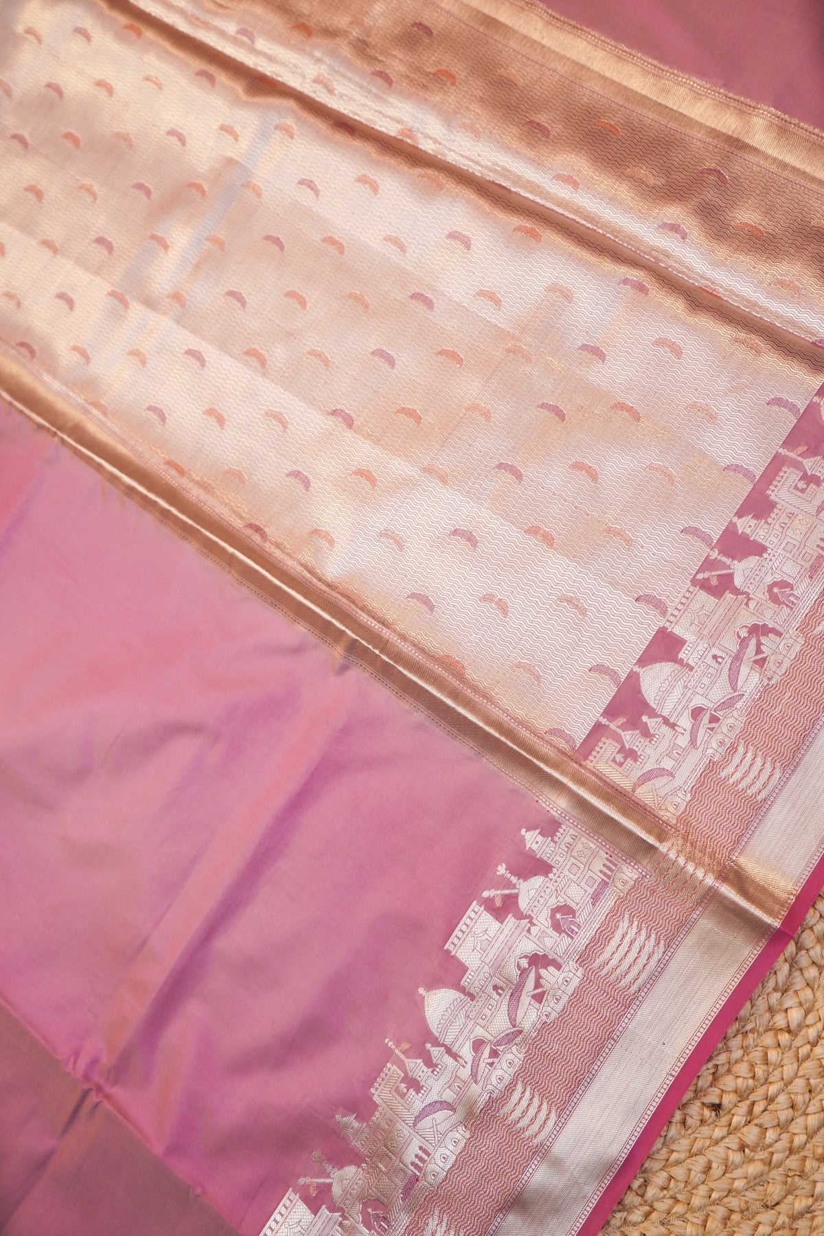 Salmon Pink Banarasi Kashi Ghat Soft Silk Saree