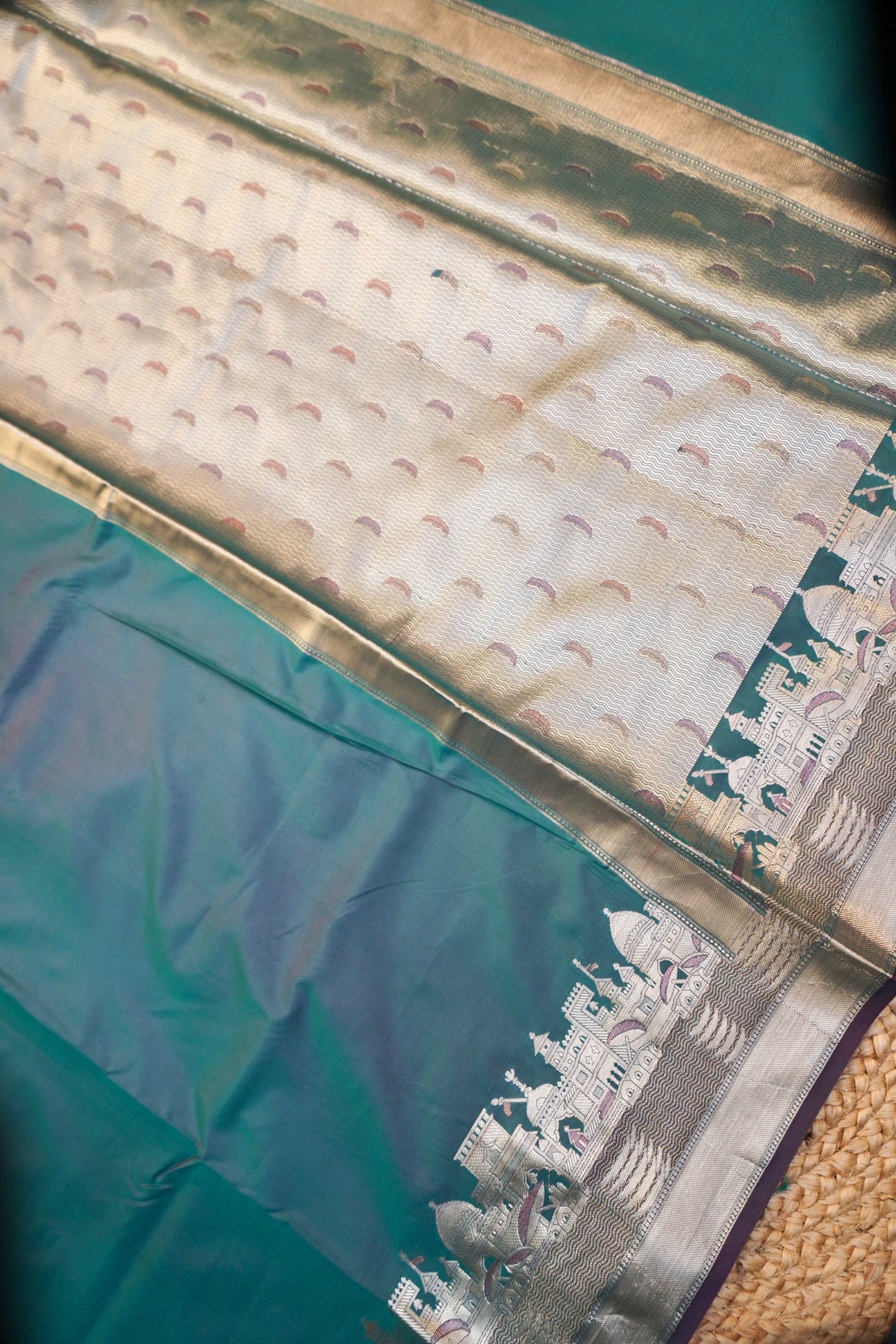 Teal Green Banarasi Kashi Ghat Soft Silk Saree