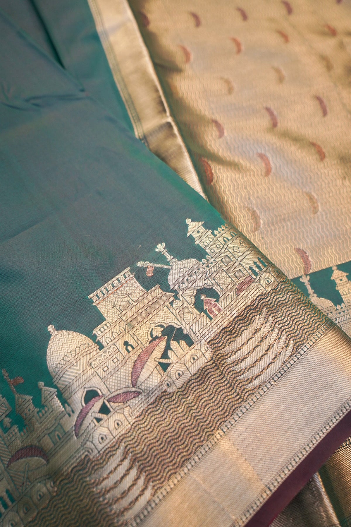 Teal Green Banarasi Kashi Ghat Soft Silk Saree