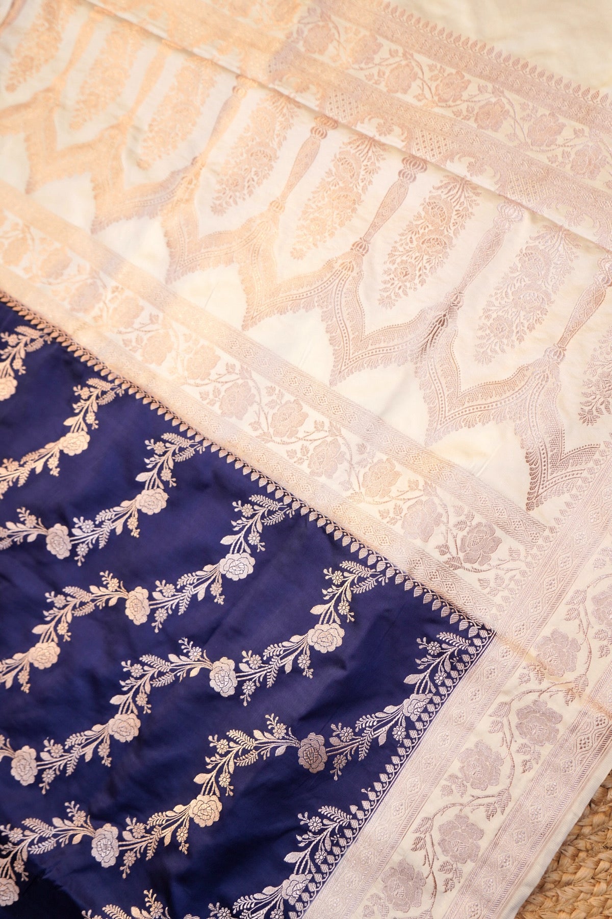 Midnight Blue Ivory Banarasi Mashru Silk Saree