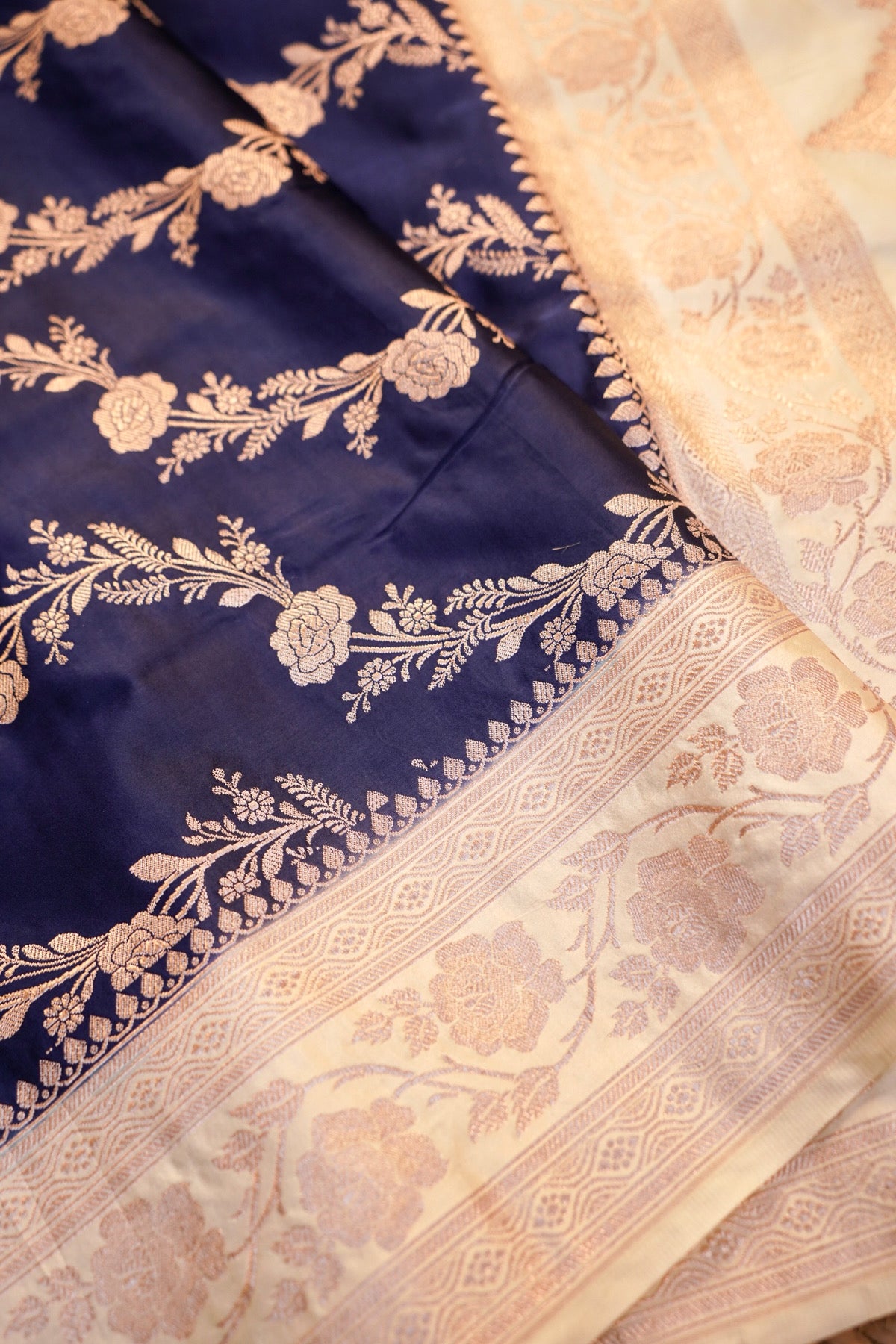 Midnight Blue Ivory Banarasi Mashru Silk Saree