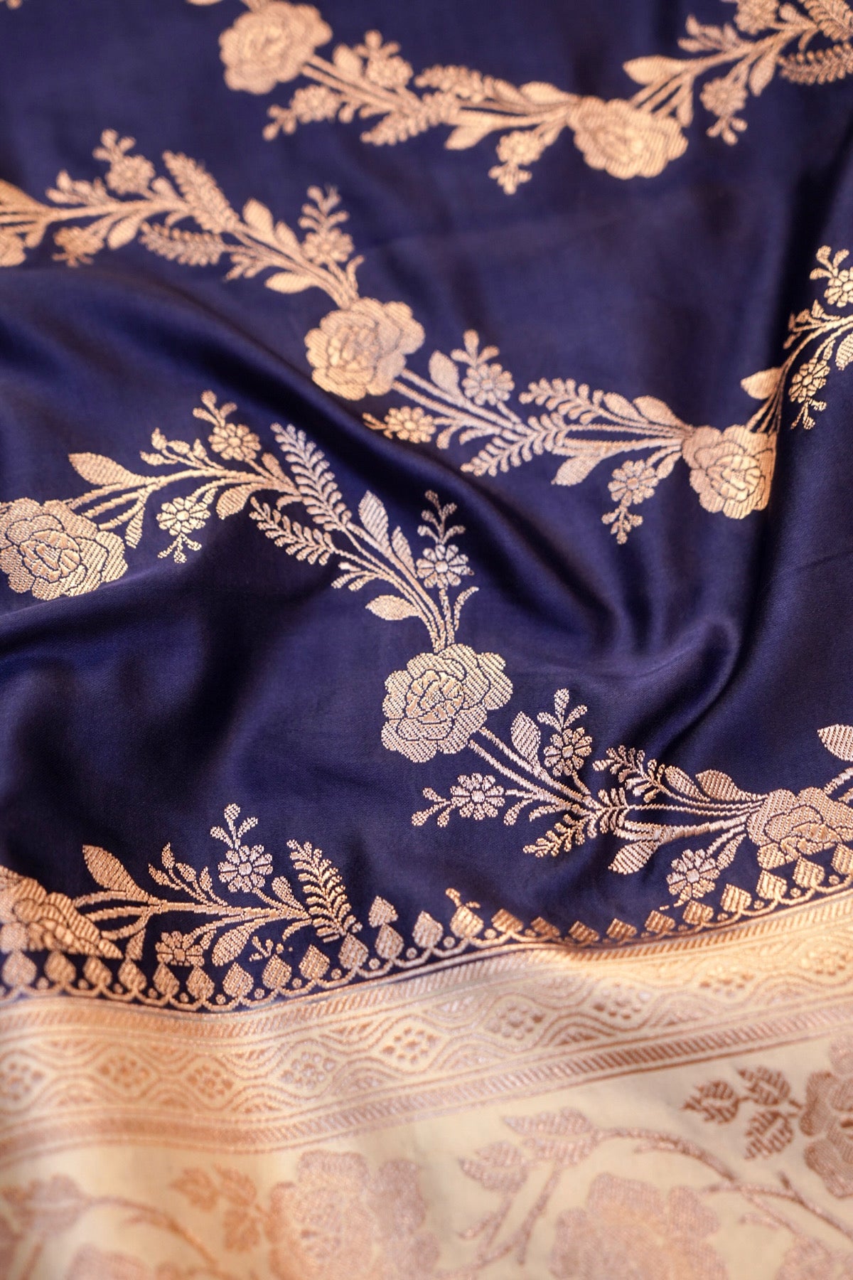 Midnight Blue Ivory Banarasi Mashru Silk Saree