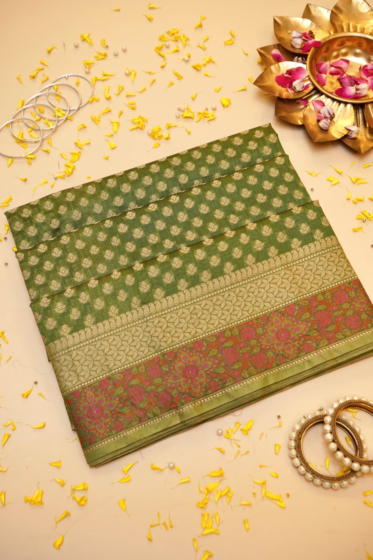 Mehndi Green Banarasi Tilfi Cotton Silk Saree