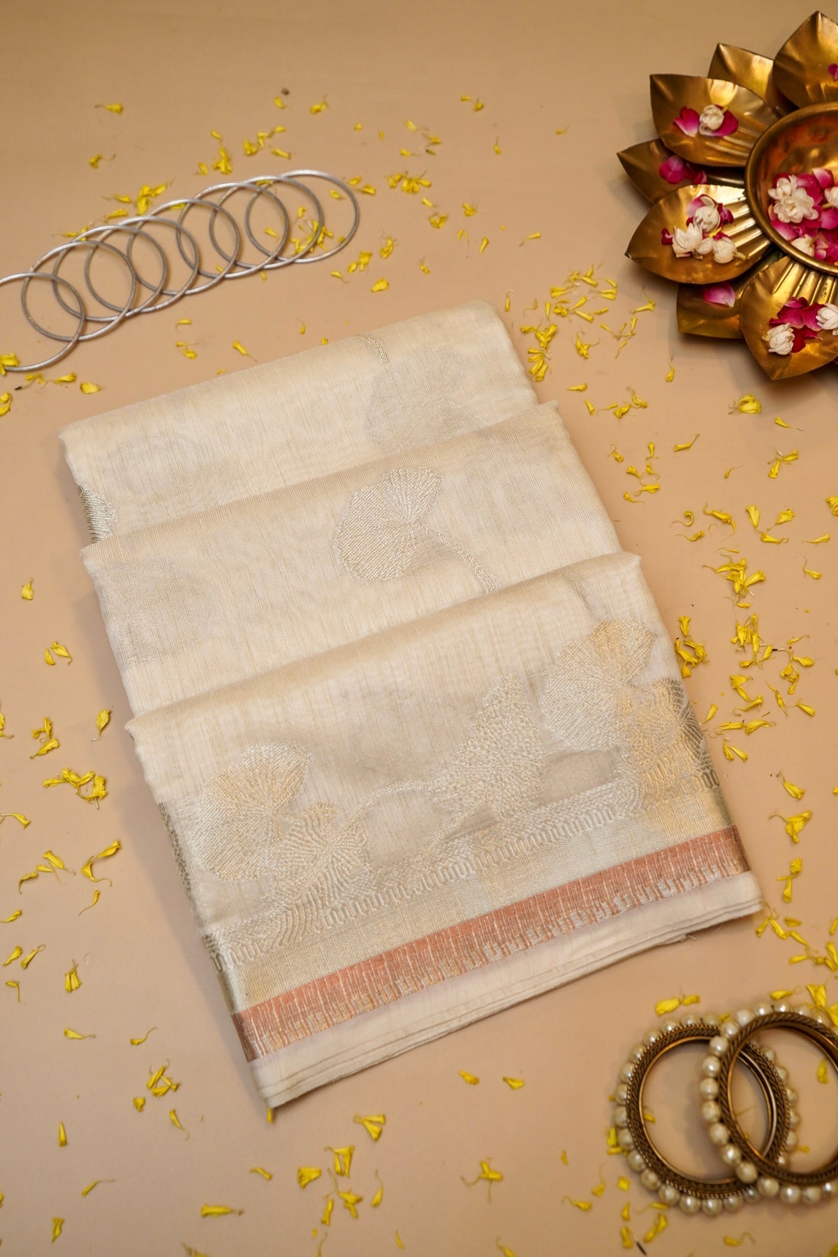 OFF WHITE MUGA TUSSAR SILK SAREE