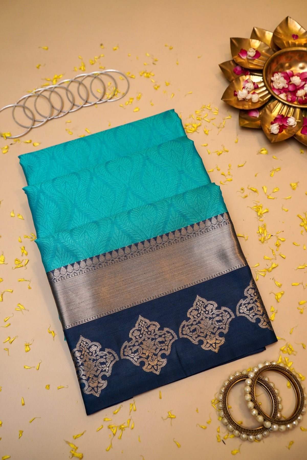 DEEP OCEAN BLUE TANCHUI KORA SILK SAREE
