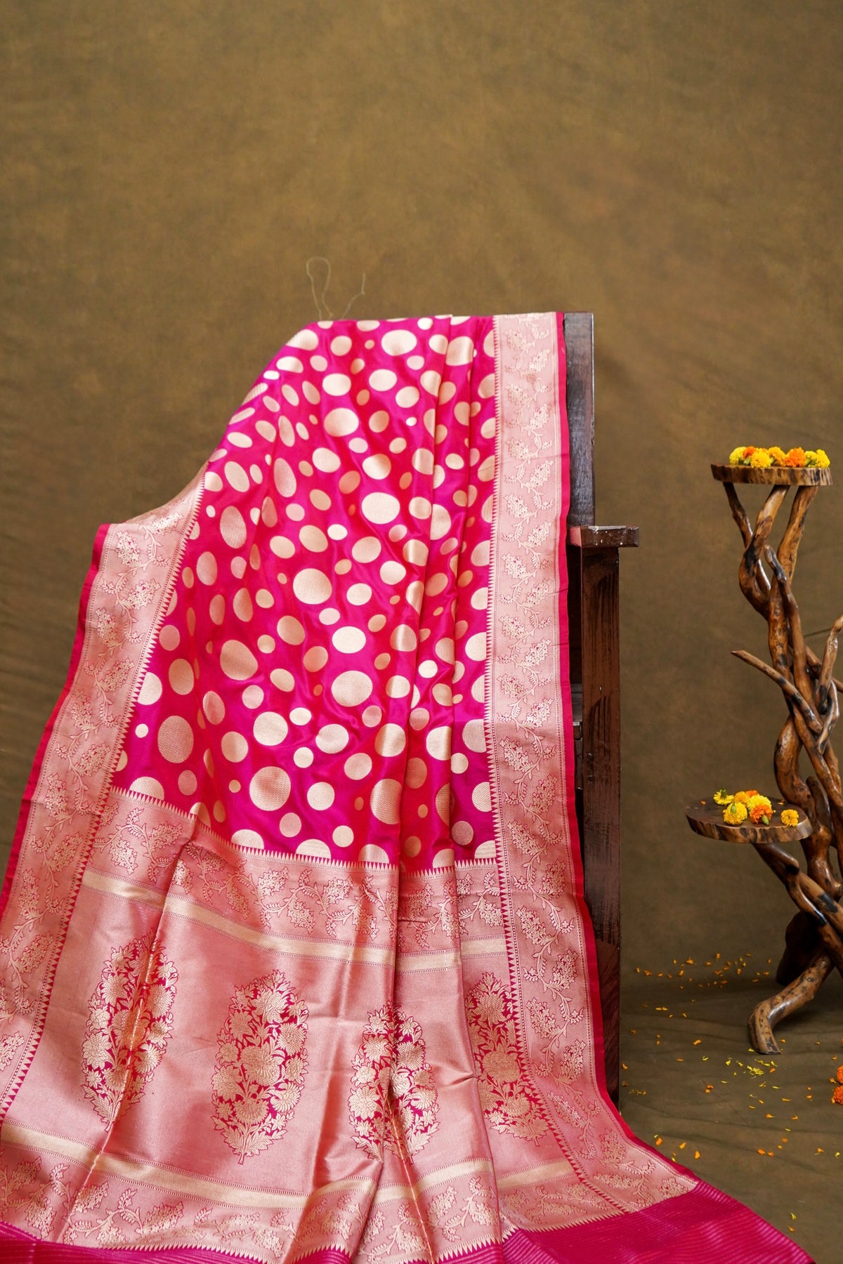 Handwoven Rani Pink Polka Dot Pure Banarasi Katan Silk Saree