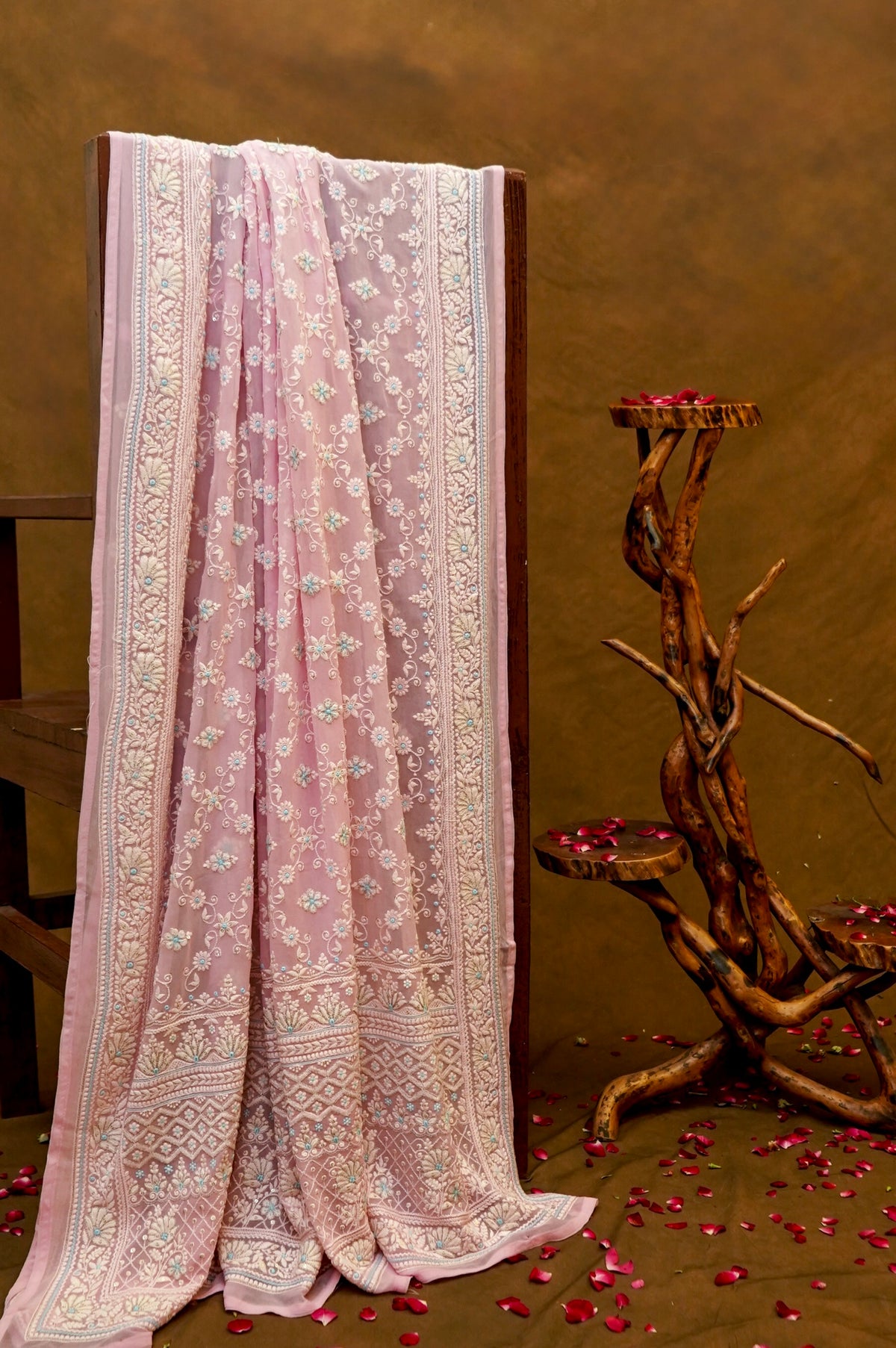 Handwoven Baby Pink Banarasi Pure Georgette Chikankari Saree