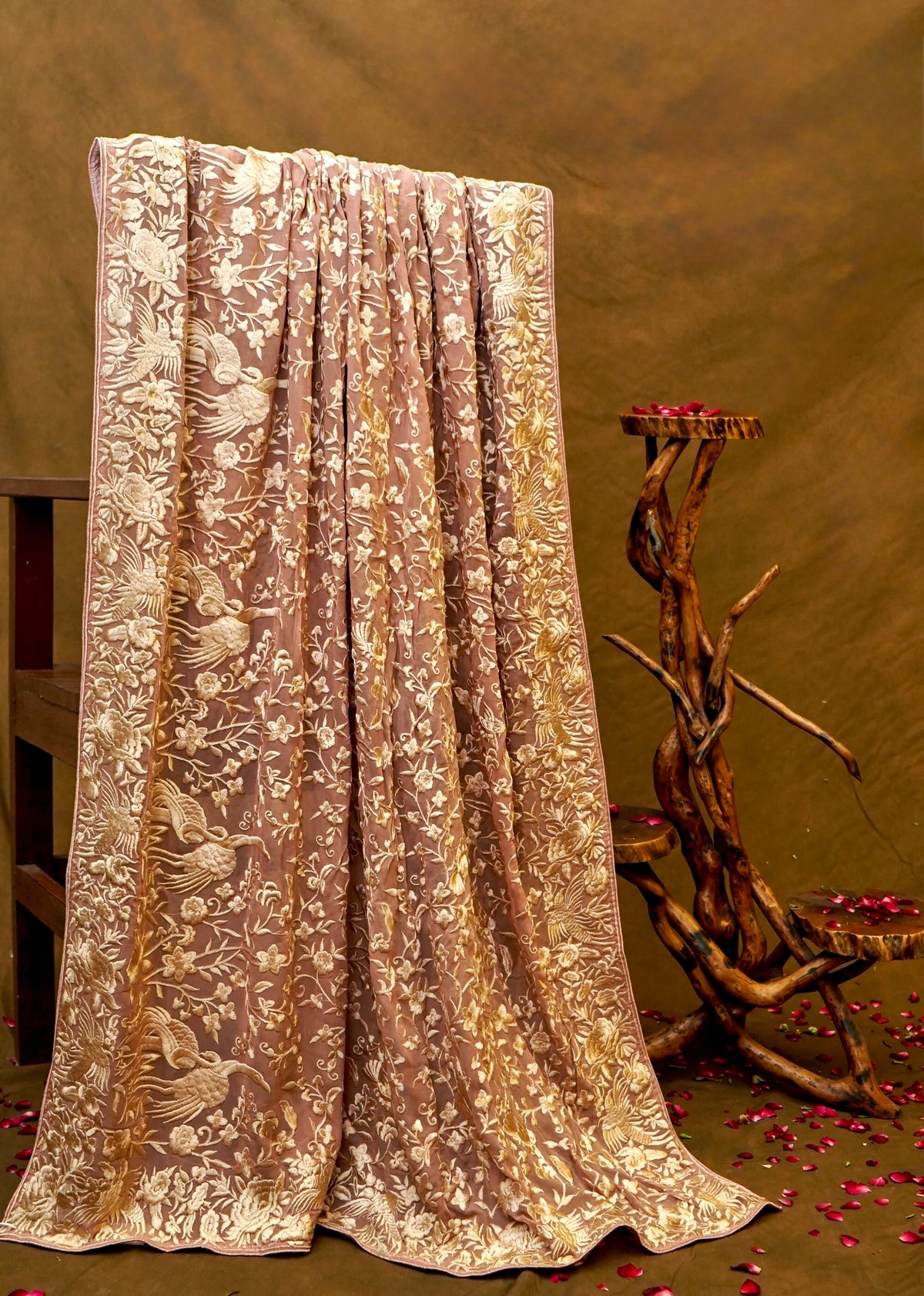 Handwoven Mauve Peach  Banarasi Pure Georgette Flamingo Chikankari Saree